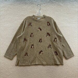 Vintage Bonworth Fleece Horse Sweater XL Womens Tan Beige Embroidered Grandma